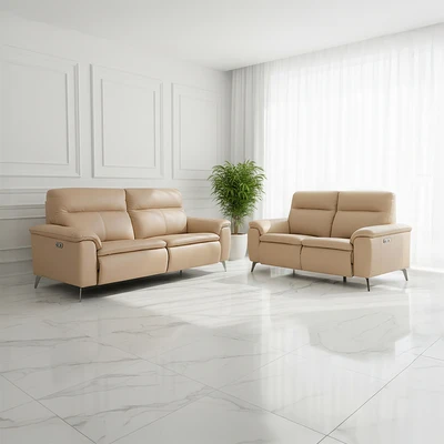 Gambar Ferrara Basel Set Sofa Recliner Kulit 2 & 3 Seater - Krem Nude
