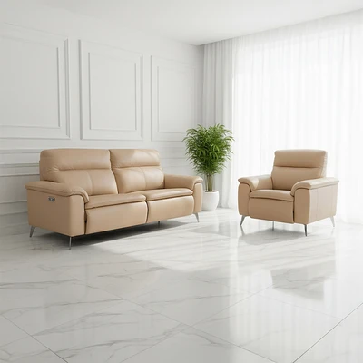 Gambar Ferrara Basel Set Sofa Recliner Kulit 1 & 3 Seater - Krem Nude