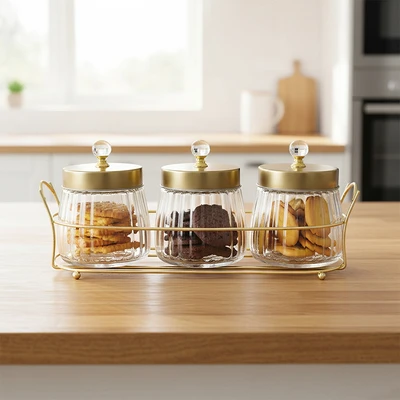 Gambar Culinart Crystal Stoples Kaca Dengan Rak 480 ml Transparan - Gold