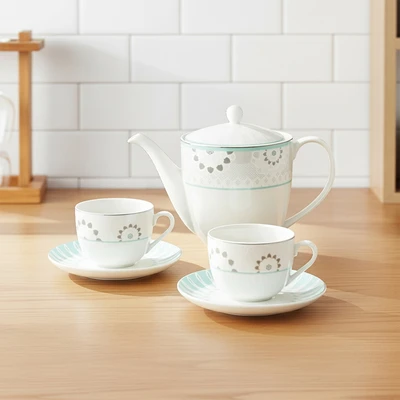 Gambar Delicia Anna Teko & Cangkir Teh Keramik Bone China Set 5 pcs - Putih