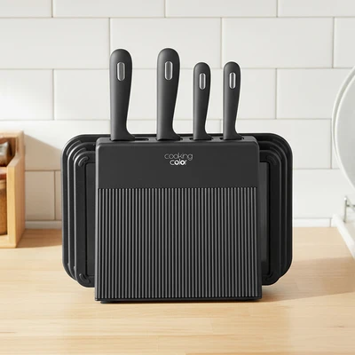 Gambar Cooking Color Hawk Pisau Dapur & Talenan Dengan Block Penyimpanan Set 8 Pcs - Hitam