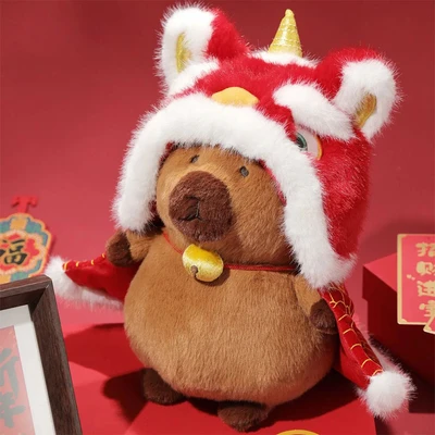 Gambar Tuntunzai Good Luck Boneka Plush Lion Hat - Cokelat/Merah