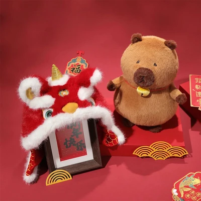 Gambar Tuntunzai Good Luck Boneka Plush Lion Hat - Cokelat/Merah