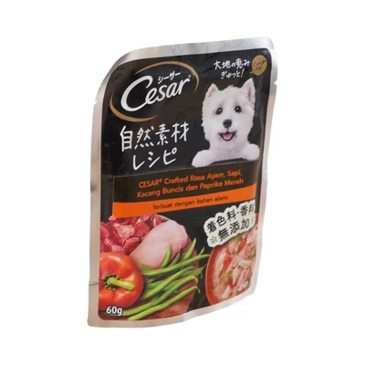 Gambar Cesar Makanan Anjing Basah Adult Chicken, Beef, Paprika & Green Bean 60 gr