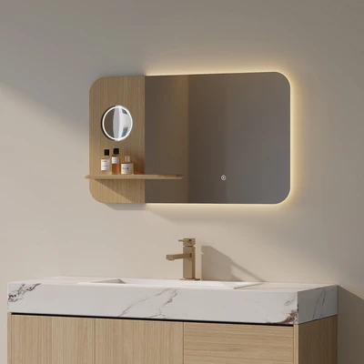 Gambar Opp 100x60 cm Cermin Dinding Kamar Mandi LED Dengan Rak - Cokelat