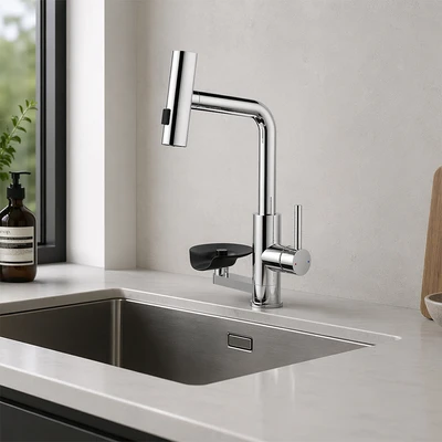 Gambar Acroz Keran Dapur Mixer Pullout Dengan Pembersih - Silver Chrome