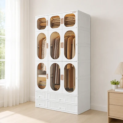 Gambar Stora Lemari Pakaian Lipat 9 Pintu Dengan Laci 106.5x55x198 cm - Putih