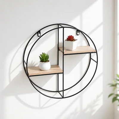 Gambar Stora Rak Dinding 2 Tingkat Forge Round 36.5x10x36.5 cm - Hitam/Cokelat Natural
