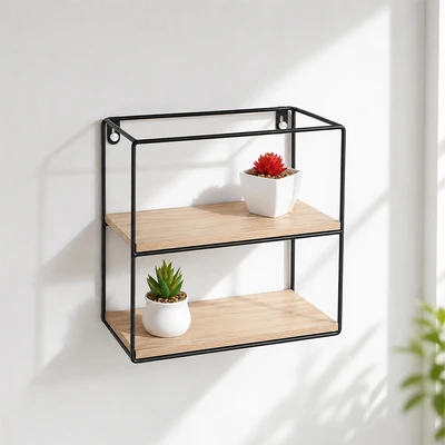 Gambar Stora Rak Dinding 2 Tingkat Forge Square 25x12x25 cm - Hitam/Cokelat Natural