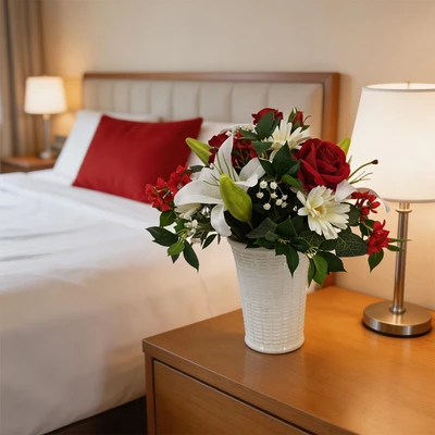 Gambar Forhom Bunga Artifisial Serene Living Big Rose Dengan Pot 25x25x45 cm - Merah/Putih