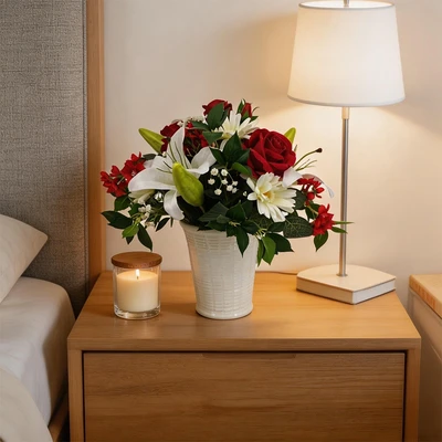Gambar Forhom Bunga Artifisial Serene Living Big Rose Dengan Pot 25x25x45 cm - Merah/Putih