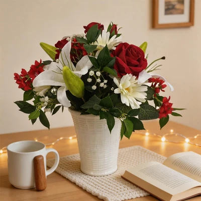 Gambar Forhom Bunga Artifisial Serene Living Big Rose Dengan Pot 25x25x45 cm - Merah/Putih