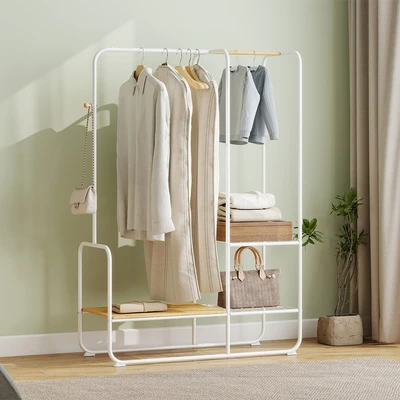 Gambar Stora Gantungan Pakaian Double Dengan Rak Bambu 104x40x160 cm - Putih/Cokelat