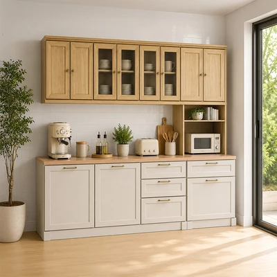 Gambar Informa Prosmont Kitchen Set Dengan Tall Cabinet - Abu-Abu Taupe/Cokelat Oak