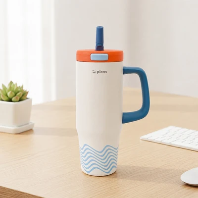Gambar Picas Mug Vacuum Flask Dengan Handle Stripe Stainless Steel 1 liter - Biru