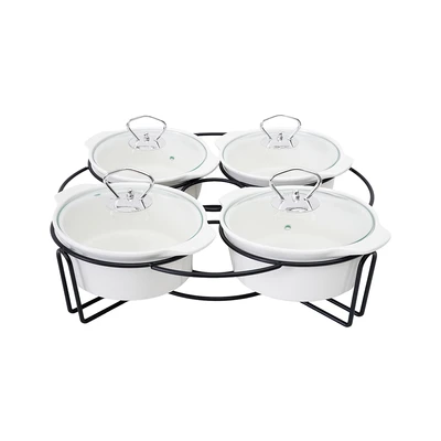 Gambar Appetite Wadah Saji Casserole Porcelain Round Dengan Rak 19 cm Set  4 pcs - Putih