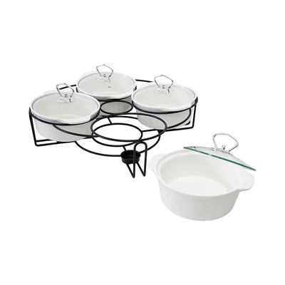 Gambar Appetite Wadah Saji Casserole Porcelain Round Dengan Rak 19 cm Set  4 pcs - Putih