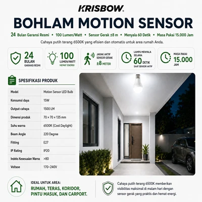 Gambar Krisbow Lumi Gen-2 Bohlam LED Sensor Gerak 15 Watt 1500 Lumen Cool Daylight - Putih