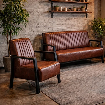Gambar Informa Eden M Set Kursi Lounge Kulit 1 & 2 Seater - Cokelat