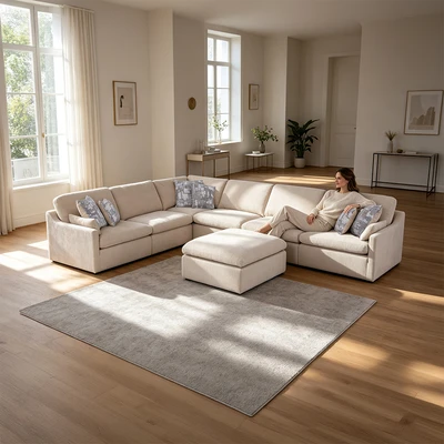 Gambar Ferrara Neo Colombus Set Sofa Modular Fabric - Krem Beige