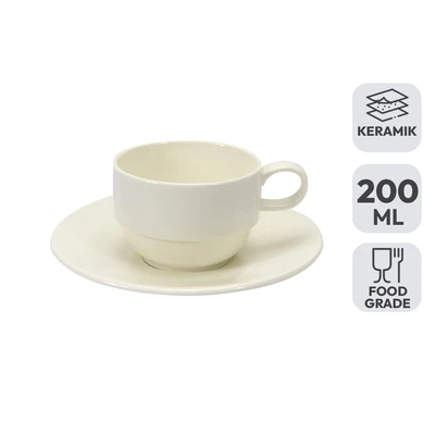 Gambar Delicia Simple Plus Cangkir Keramik Dengan Saucer Stackable 200 ml - Putih