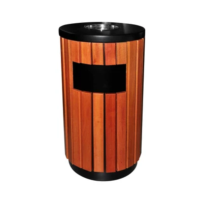Gambar Krisbow Tempat Sampah Asbak Steel & Plastik Artificial Wood Round 70 Liter - Cokelat Natural