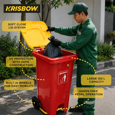 Gambar Krisbow Tempat Sampah Pedal Plastik Dengan Roda 120 Liter - Merah/Kuning