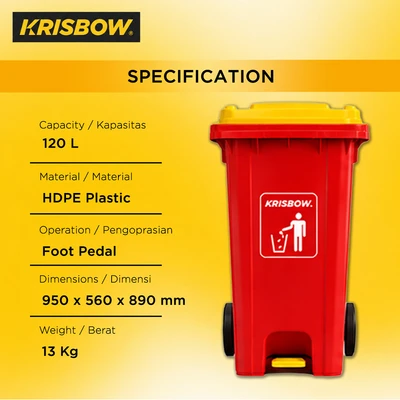 Gambar Krisbow Tempat Sampah Pedal Plastik Dengan Roda 120 Liter - Merah/Kuning