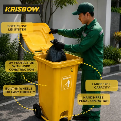 Gambar Krisbow Tempat Sampah Pedal Plastik Dengan Roda 120 Liter - Kuning