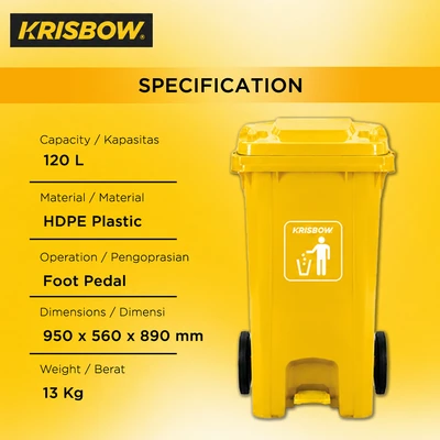 Gambar Krisbow Tempat Sampah Pedal Plastik Dengan Roda 120 Liter - Kuning