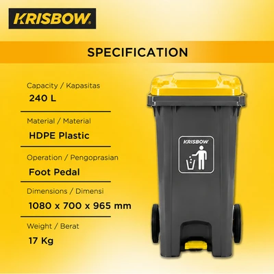 Gambar Krisbow Tempat Sampah Pedal Plastik Dengan Roda 240 Liter - Abu-Abu Tua